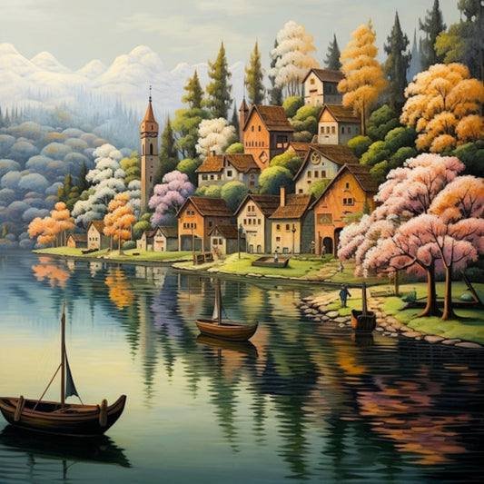 Cross Stitch Pattern Village on the Lake Full Coverage
