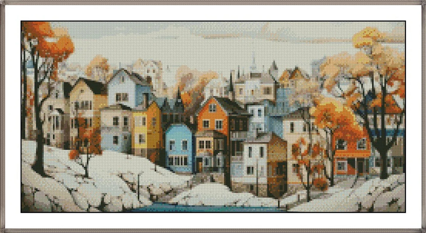Winter Cross Stitch Pattern,City by the River,Landscape,Pattern Keeper,Counted Cross Stitch,Pdf,Instant Download