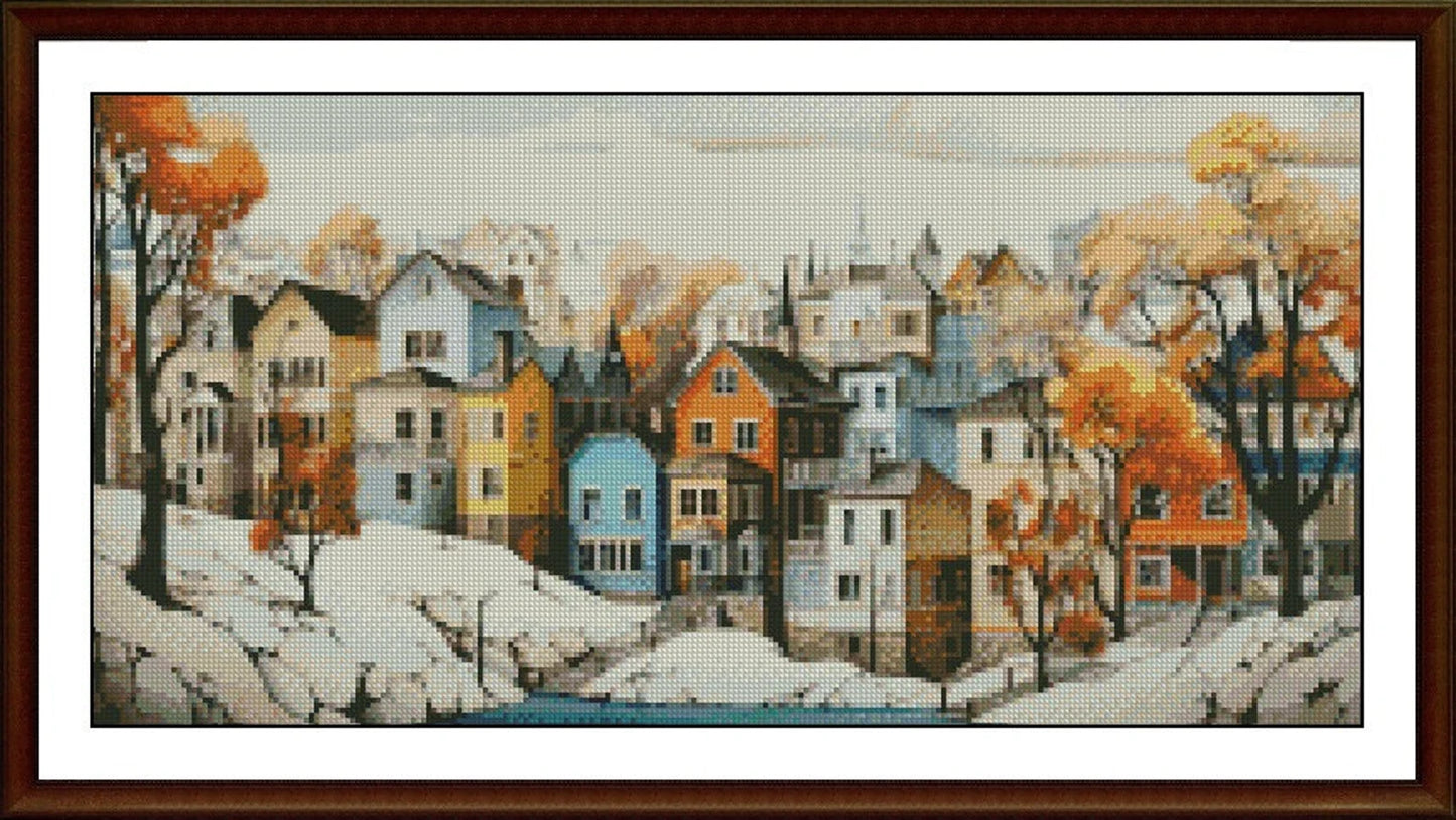Winter Cross Stitch Pattern,City by the River,Landscape,Pattern Keeper,Counted Cross Stitch,Pdf,Instant Download