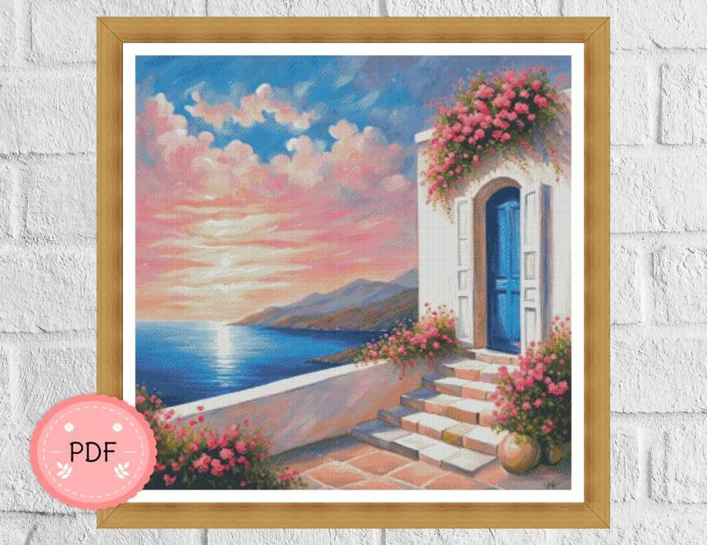 Cross Stitch Pattern,Greek Island House With Sea View,Pdf Instant Download,Greece Cityscape,X Stitch Chart,Santorini,Mykonos,Full Coverage