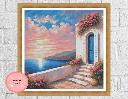 Cross Stitch Pattern,Greek Island House With Sea View,Pdf Instant Download,Greece Cityscape,X Stitch Chart,Santorini,Mykonos,Full Coverage