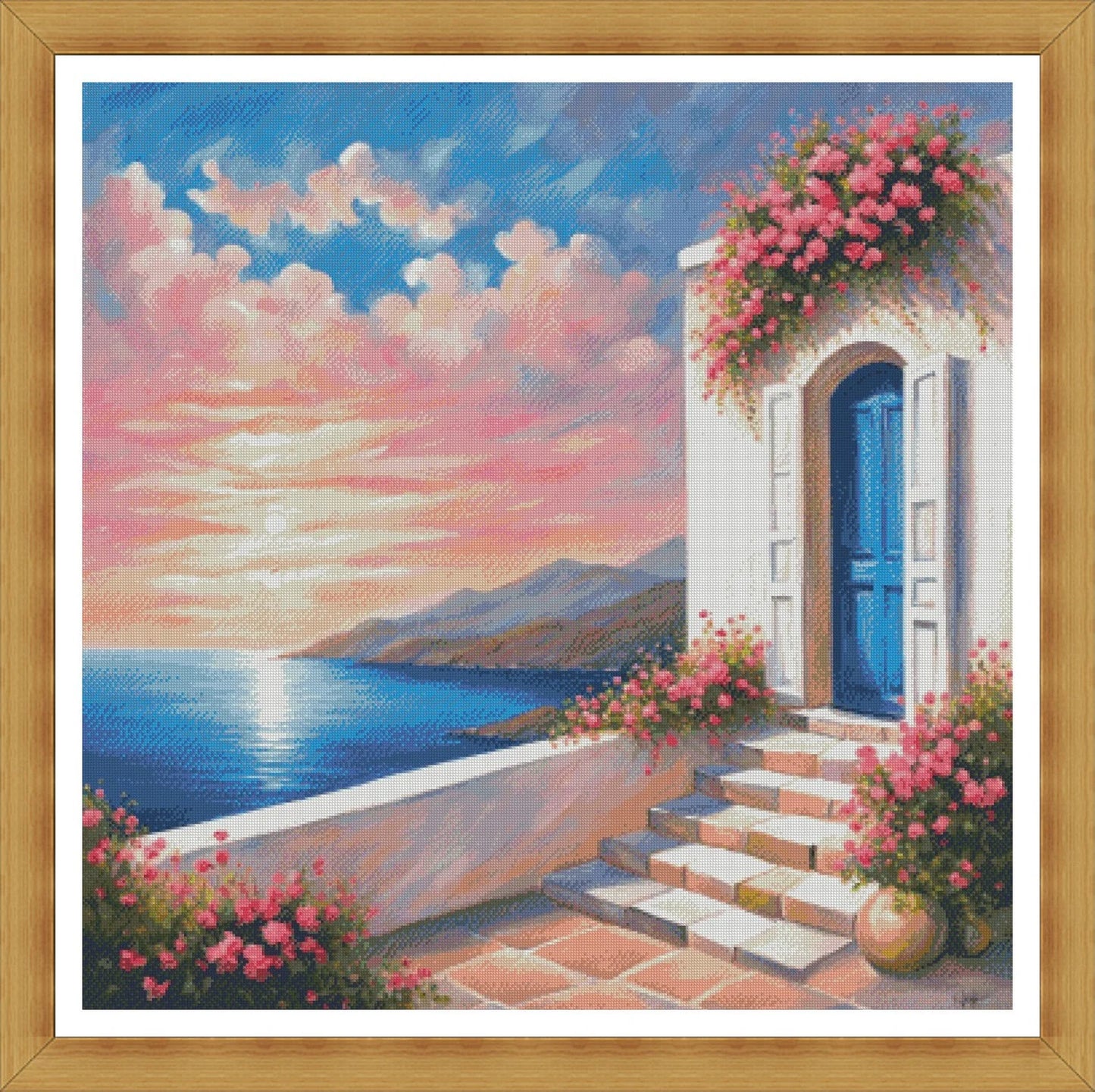 Cross Stitch Pattern,Greek Island House With Sea View,Pdf Instant Download,Greece Cityscape,X Stitch Chart,Santorini,Mykonos,Full Coverage