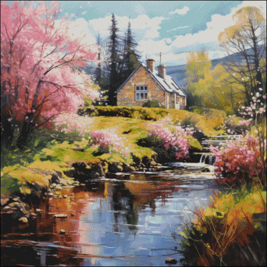 Cross Stitch Pattern PDF Spring landscape, farmhouse, river, landscape cross stitch pattern, dmc, cross stitch design, counted cross stitch