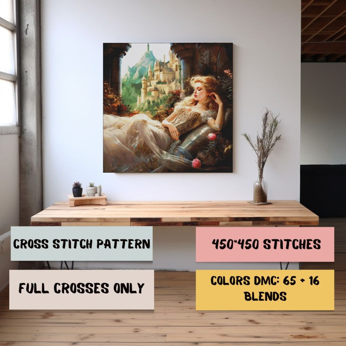 Cross Stitch Pattern PDF Sleeping Beauty, instant download, fantasy castle, fairy tale, full coverage, magical, princess, dmc, embroidery