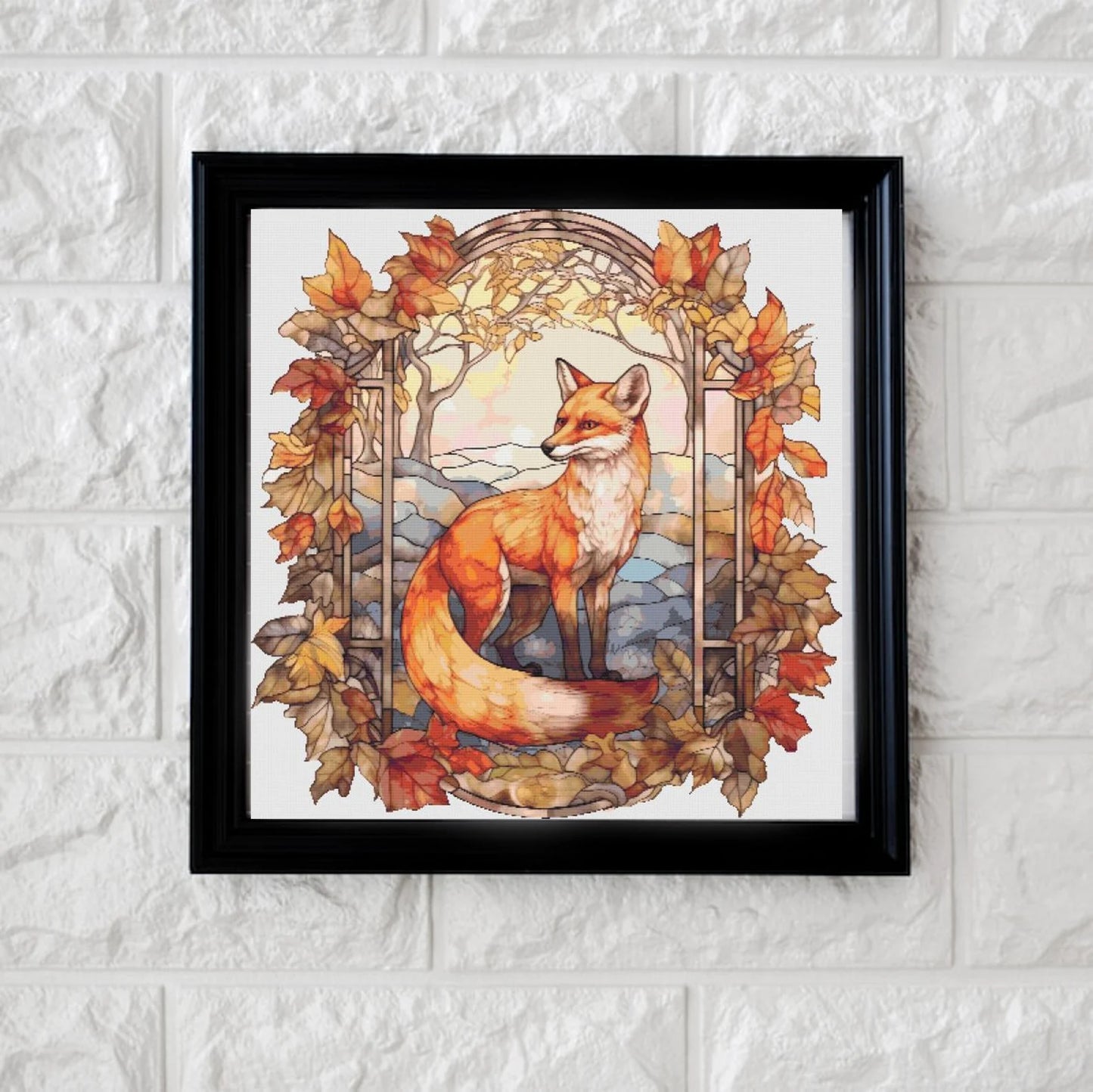 Stained glass Autumn fox cross stitch pattern full coverage PDF