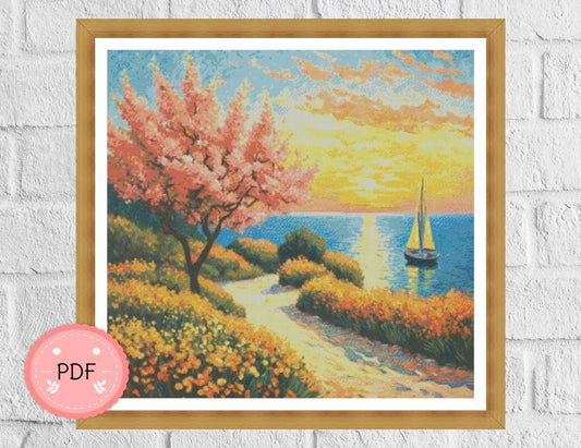 Cross Stitch Pattern,Blossom Tree With Sunset View,Sea Wave,Pdf,Instant Download,X Stitch Chart,Beach,Needlework,Coastal,Nature,Sailing