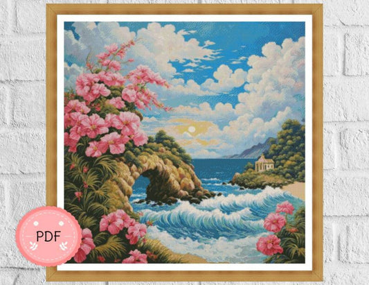 Cross Stitch Pattern,Tropical Island Chapel,Ocean Wave,Instant Download,Beach,Needlework,Coastal,Nature,Pink Hibiscus,Sea Arch,Full Coverage