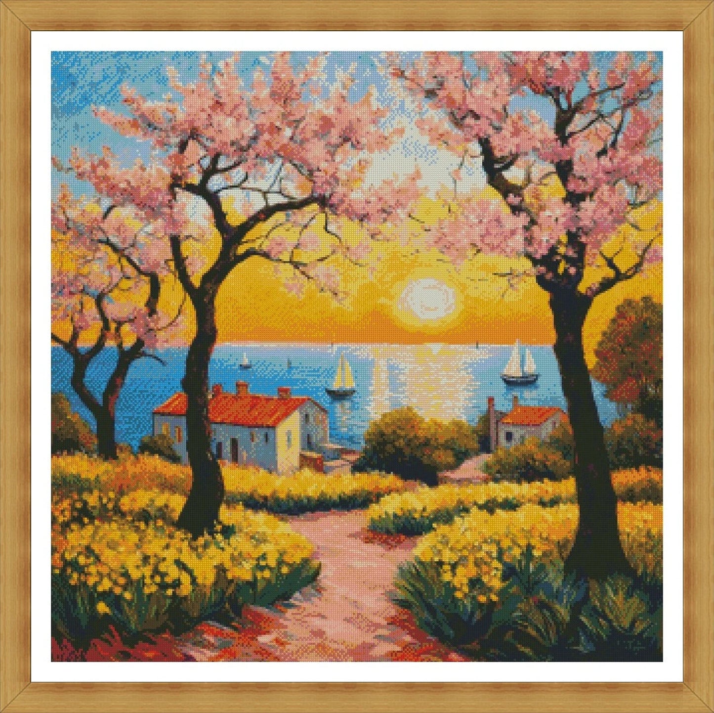 Cross Stitch Pattern,A Fishing Village Landscape,Instant Download,Beach,Blossom Tree,Coastal,Nature,Full Coverage,Sailing,Van Gogh Inspired
