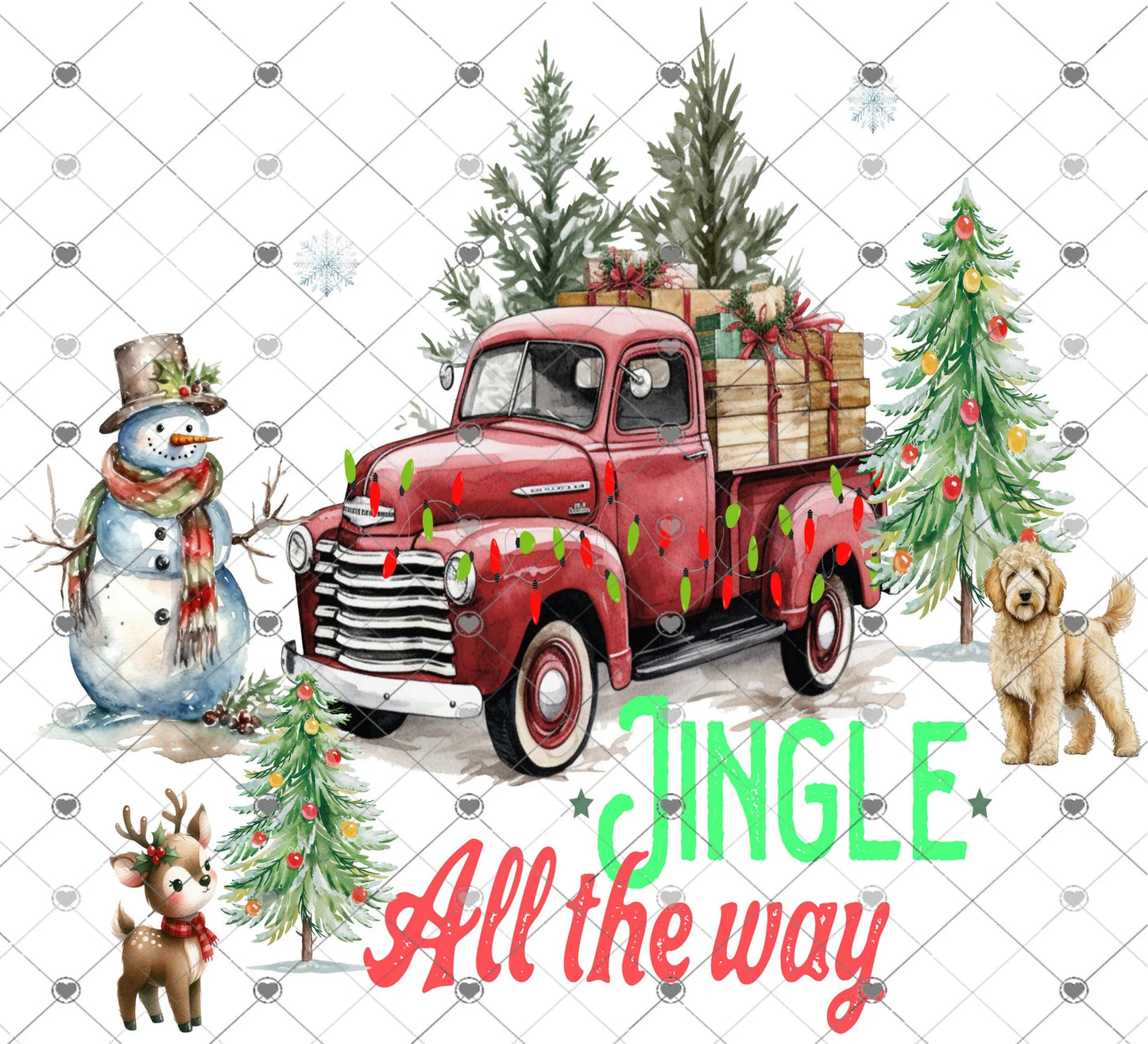 Jingle all the way, Vintage truck, Snowman, Deer and snow scene, Digital Download, Shirt Design, Door sign Png, digital download, png file