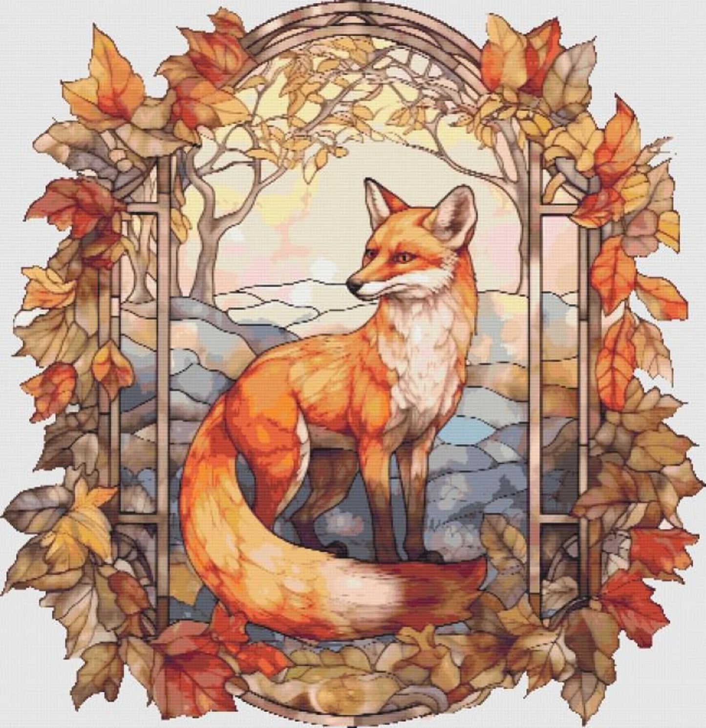 Stained glass Autumn fox cross stitch pattern full coverage PDF