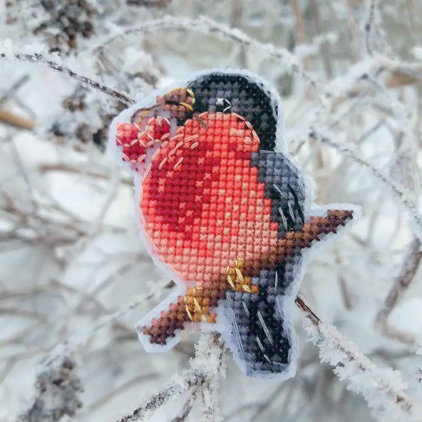 Cross Stitch Pattern Little bullfinch with berries DMC Chart Embroidery Chart Printable PDF Instant Download