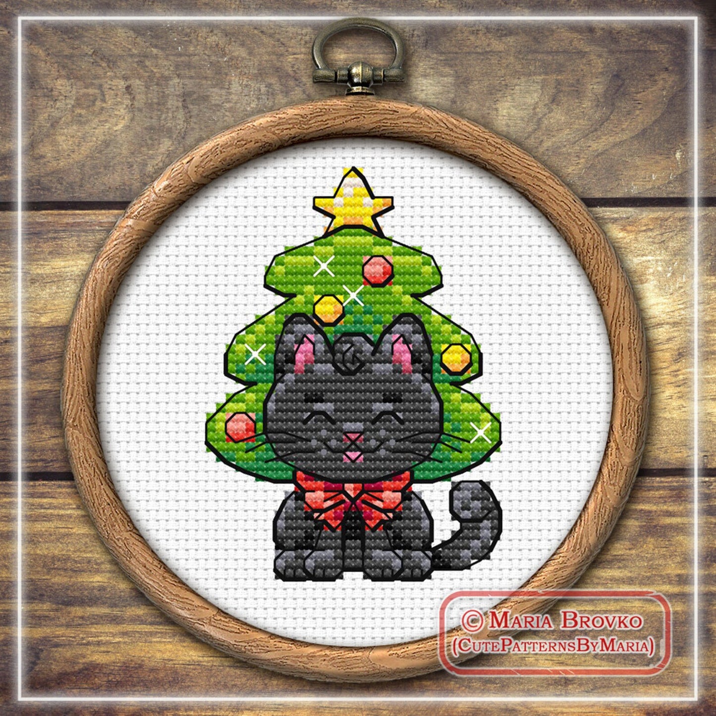 Cross Stitch Pattern Black Cat in a Christmas tree hat DMC Chart Printable PDF Instant Download