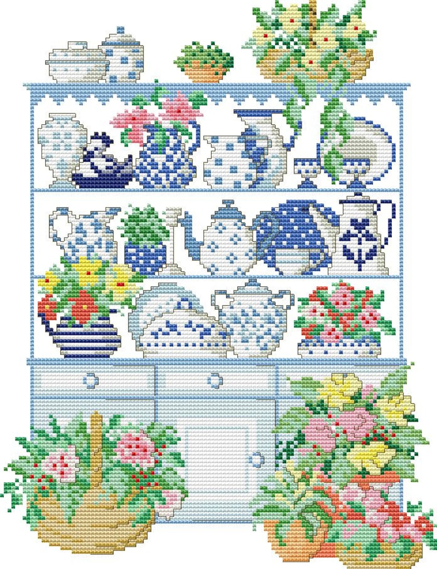 Kitchen Cabinet, Kitchen shelf, Counted Cross Stitch pattern, Kitchen Still Life, Cups Mugs Napkins, Home Modern Decor, Instant Download PDF