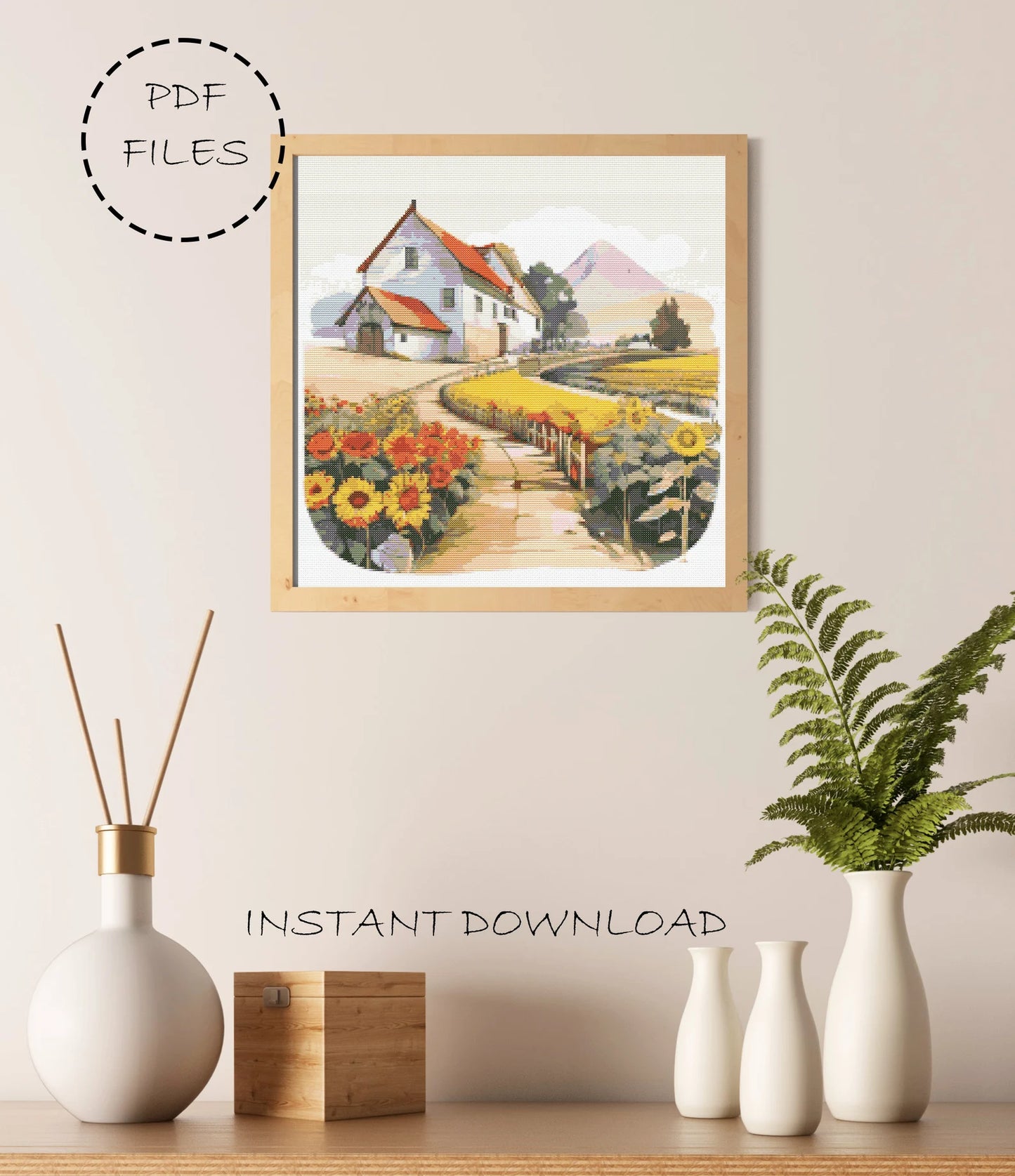 Landscape Cross Stitch Pattern | Landscape Cross Stitch | Sunflower Cross Stitch | Landscape Embroidery Pattern | Landscape Cross Stitch Kit