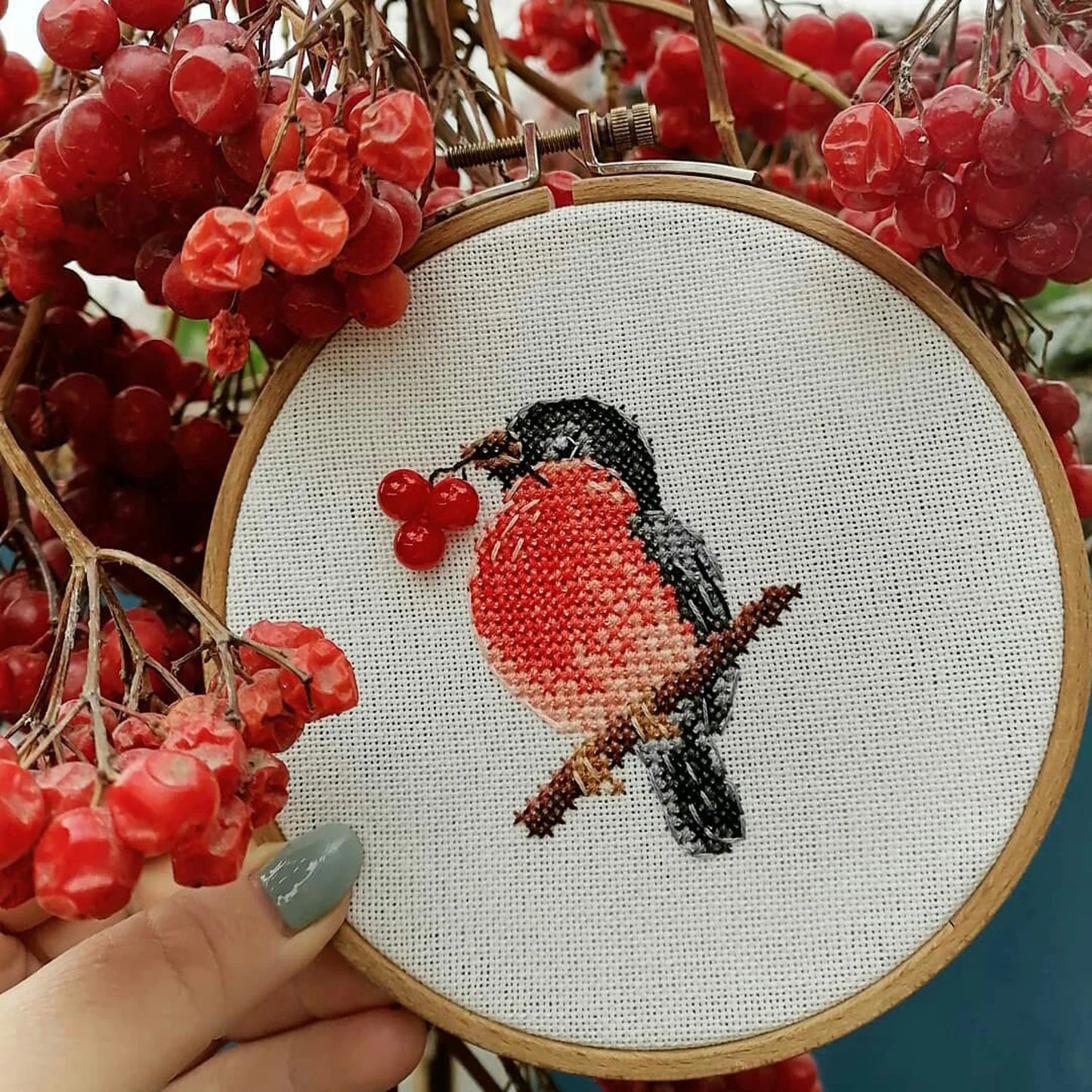 Cross Stitch Pattern Little bullfinch with berries DMC Chart Embroidery Chart Printable PDF Instant Download