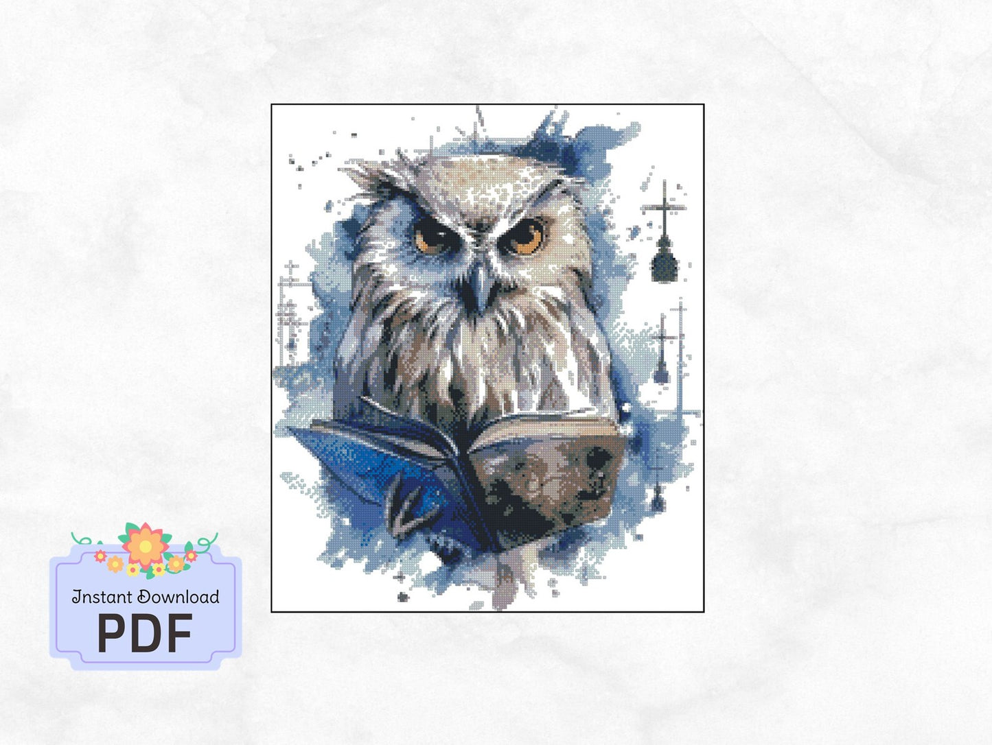 Owl Reading Book Cross Stitch Pattern , Watercolor X Stitch Chart , Instant Download , Pdf , Wizard , Witch
