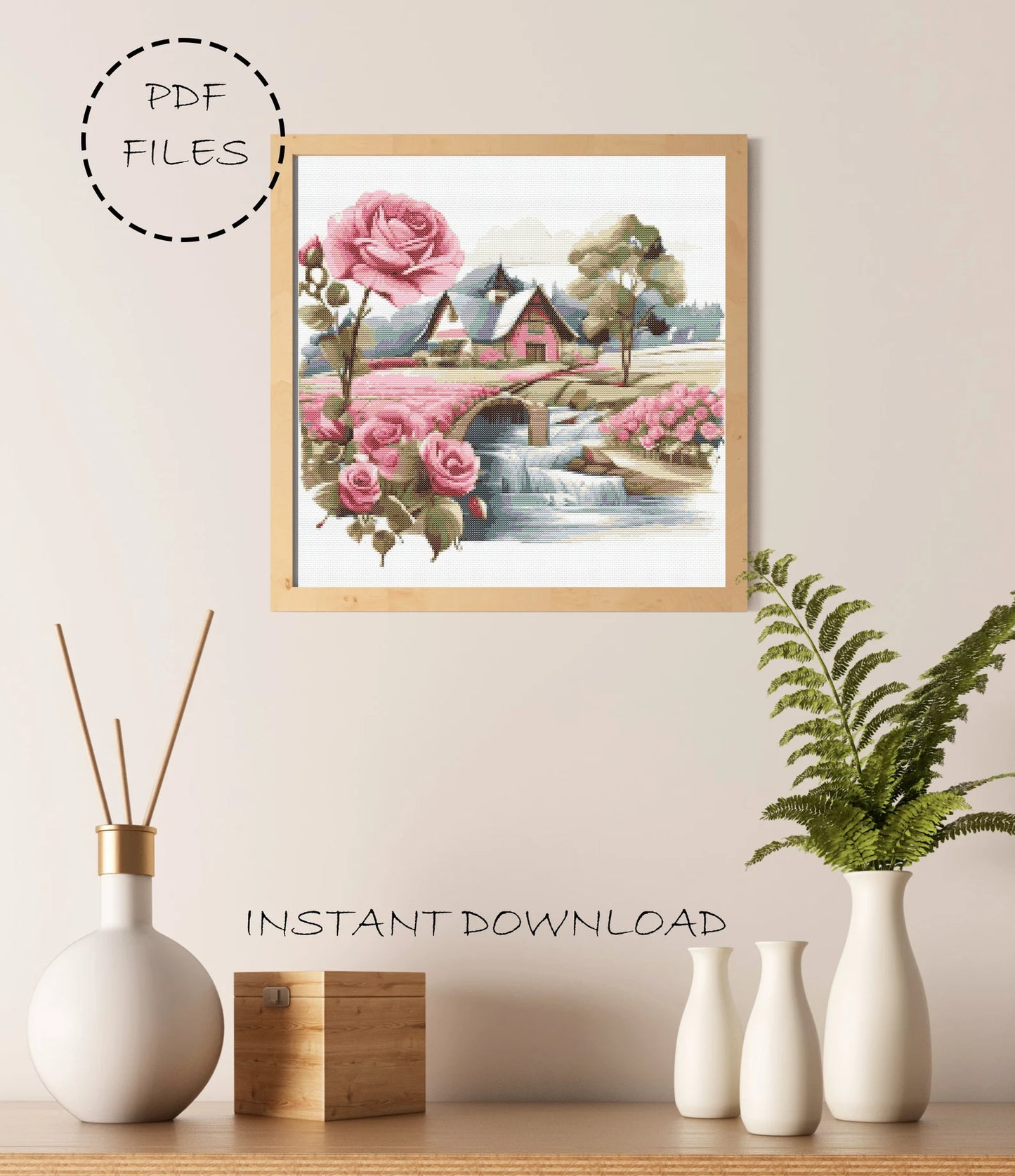 Landscape Cross Stitch Pattern | Landscape Cross Stitch | Rose Cross Stitch | Landscape Embroidery Pattern | Landscape Cross Stitch Kit
