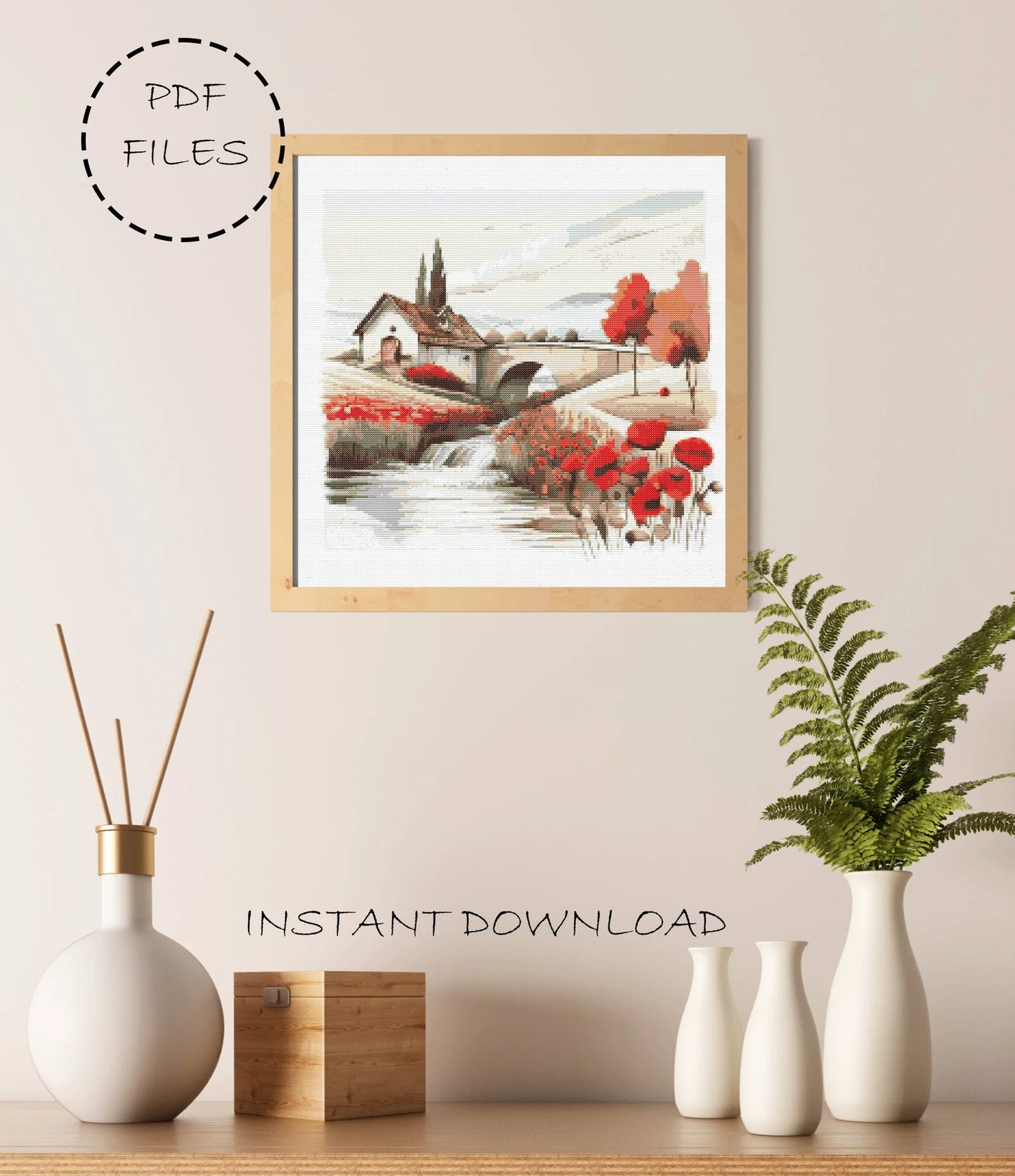 Landscape Cross Stitch Pattern | Landscape Cross Stitch | Poppy Cross Stitch | Landscape Embroidery Pattern | Landscape Cross Stitch Kit