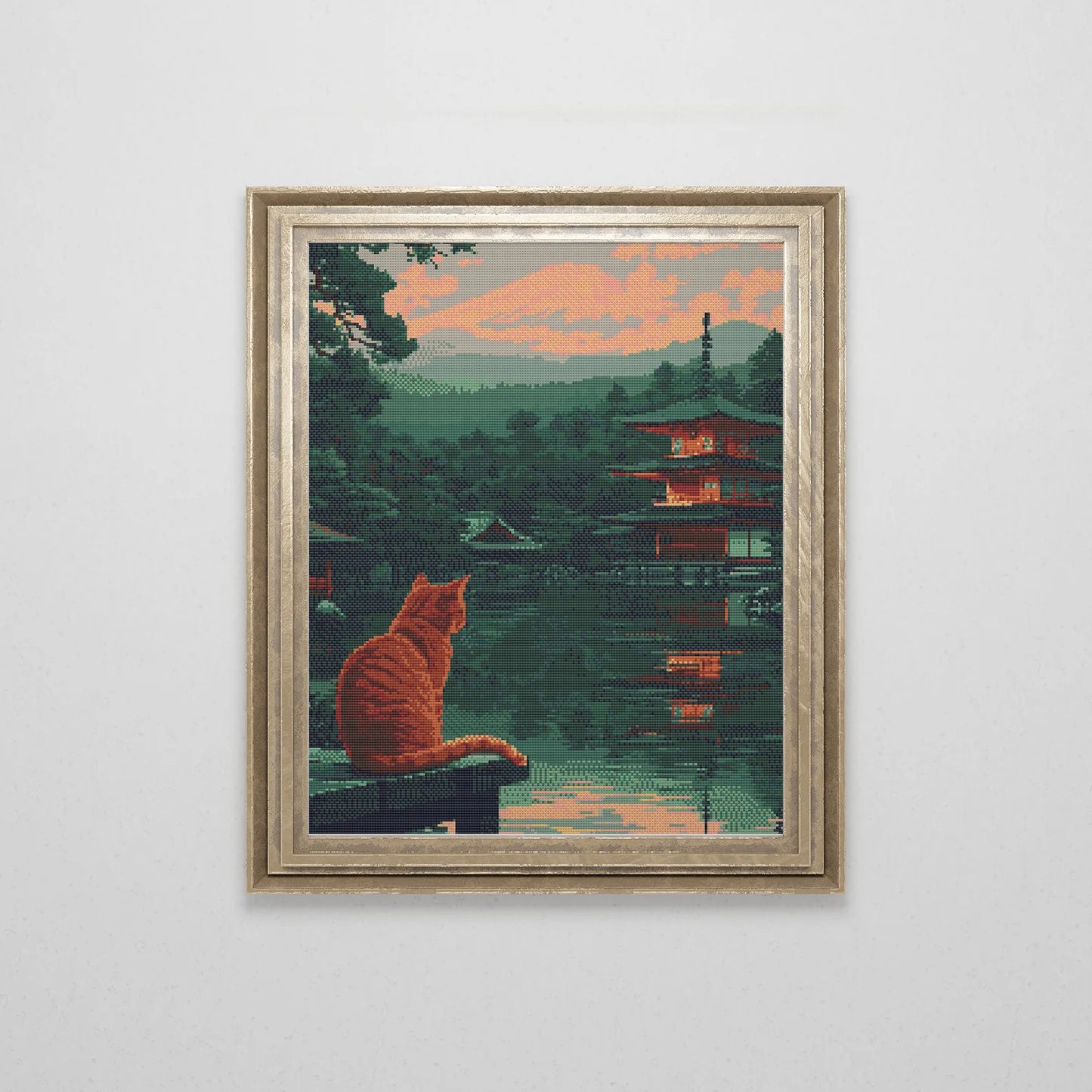 Cat sitting on Japanese Lake Cross Stitch Pattern | Landscape Cross Stitch Chart Download | Nature Cross Stitch | Cute Cross Stitch PDF