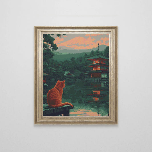 Cat sitting on Japanese Lake Cross Stitch Pattern | Landscape Cross Stitch Chart Download | Nature Cross Stitch | Cute Cross Stitch PDF