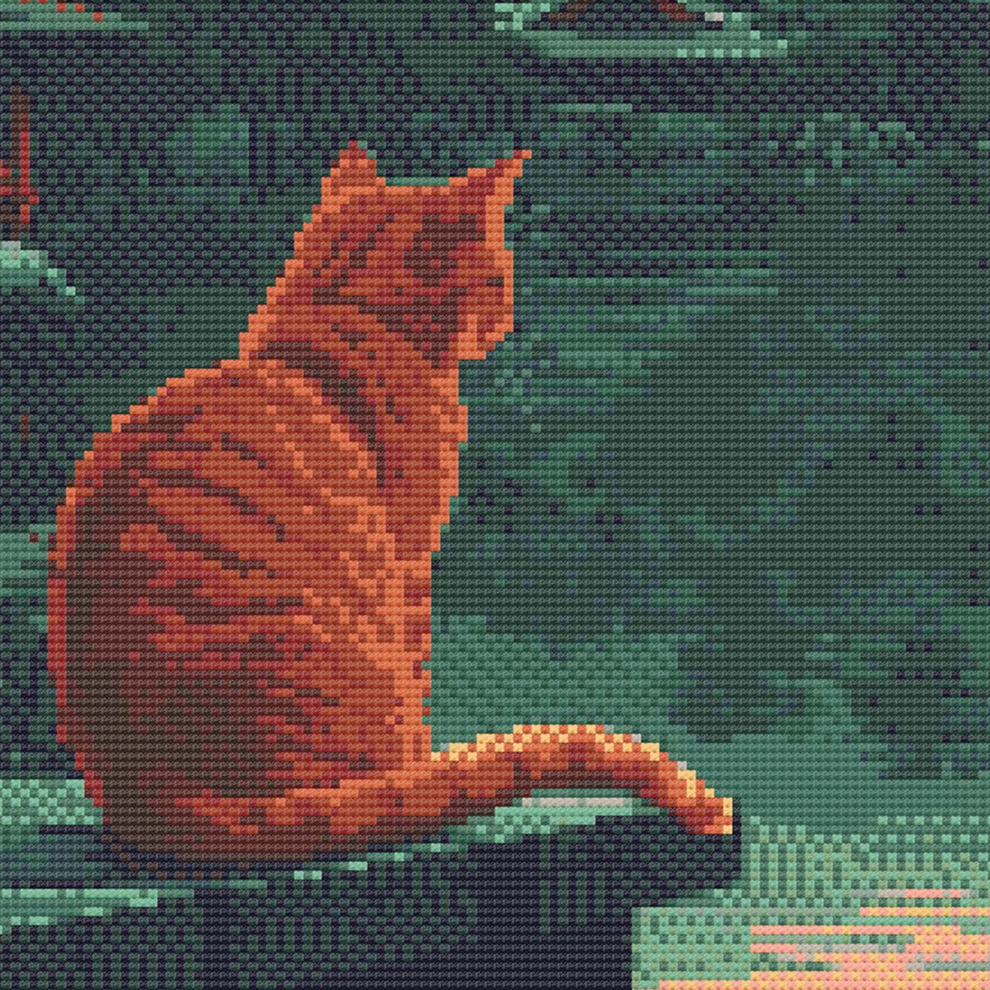 Cat sitting on Japanese Lake Cross Stitch Pattern | Landscape Cross Stitch Chart Download | Nature Cross Stitch | Cute Cross Stitch PDF