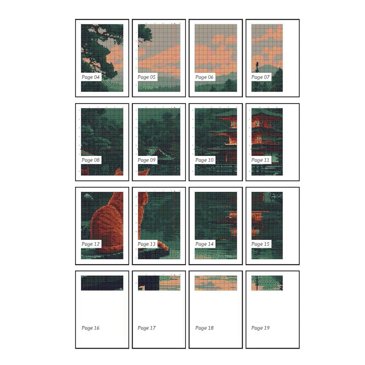 Cat sitting on Japanese Lake Cross Stitch Pattern | Landscape Cross Stitch Chart Download | Nature Cross Stitch | Cute Cross Stitch PDF