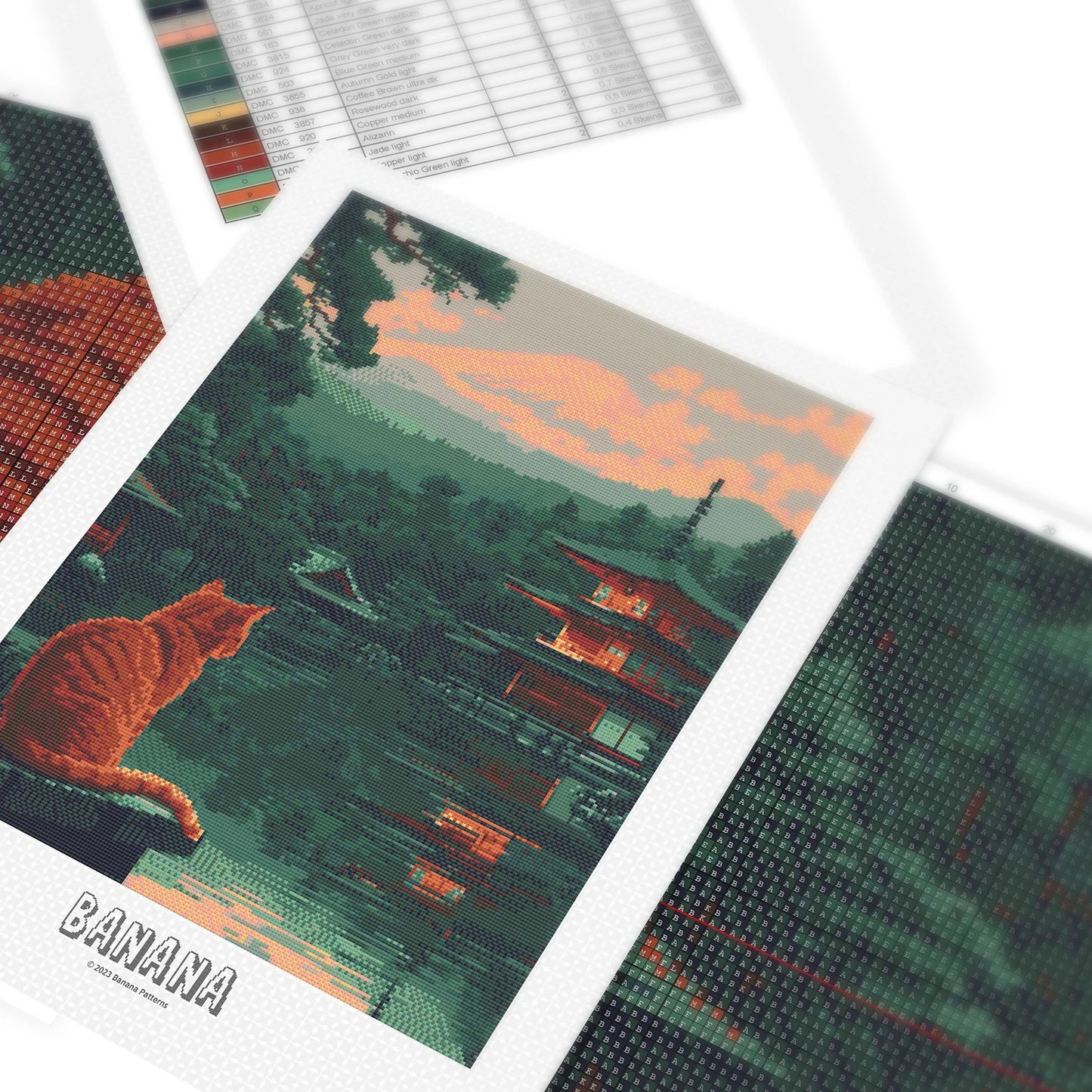 Cat sitting on Japanese Lake Cross Stitch Pattern | Landscape Cross Stitch Chart Download | Nature Cross Stitch | Cute Cross Stitch PDF