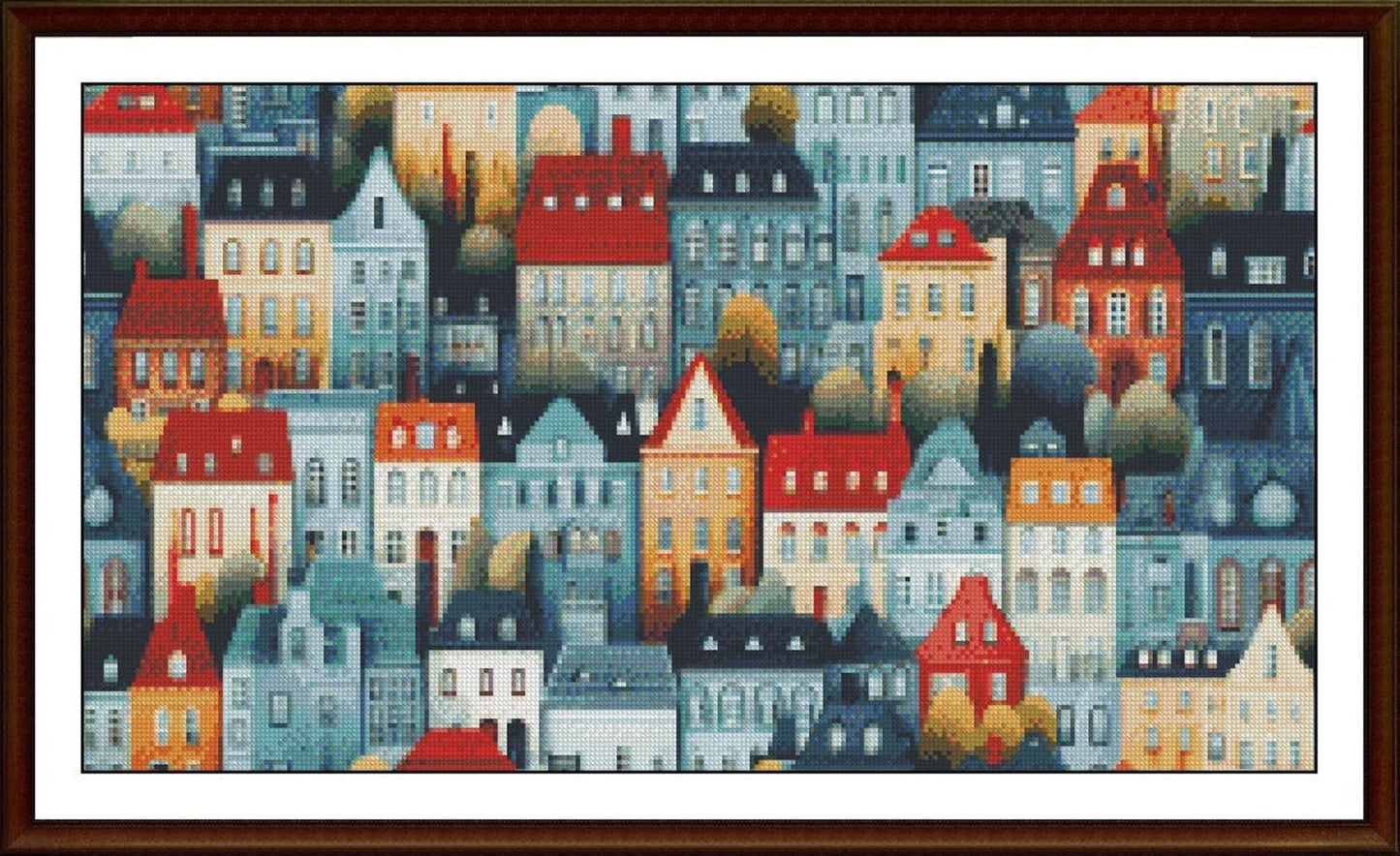 Watercolor Cross Stitch Pattern,City Row Houses,Landscape,Pattern Keeper,Counted Cross Stitch,Pdf,Instant Download