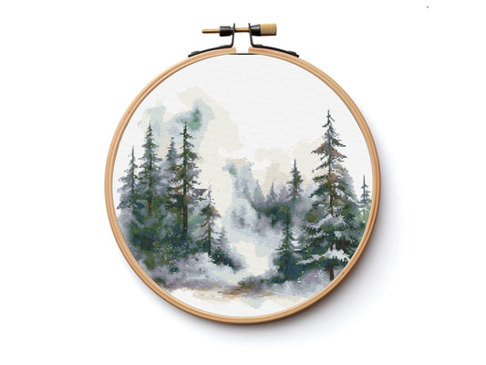 Snowy Pine Forest Cross Stitch Sewing Embroidery Pattern Instant DMC Download X-Stitch Landscape Cottagecore Needlework