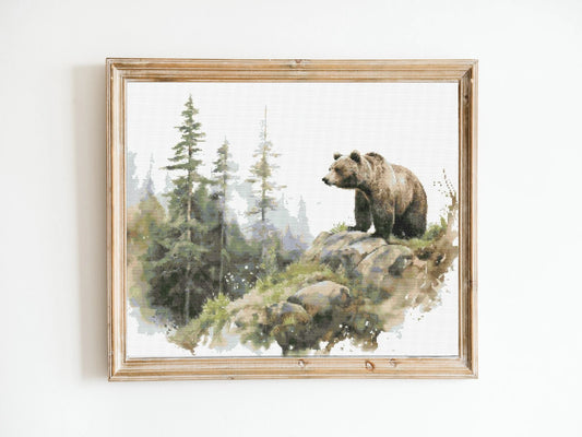 Bear in a Mountain Pine Forest Cross Stitch Sewing Embroidery Pattern Instant DMC Download X-Stitch Landscape Cottagecore Needlework
