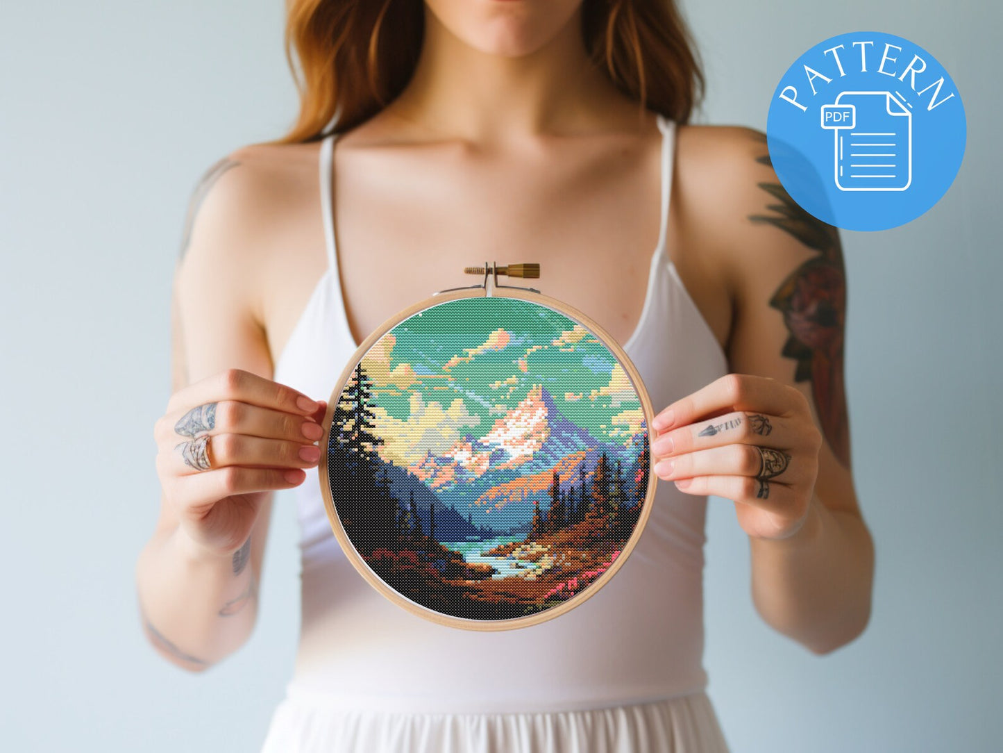 Serene Lake Cross Stitch Pattern – Sunset Mountain Landscape Embroidery – Peaceful Nature Scene – Rustic Cabin Decor – Digital PDF Download