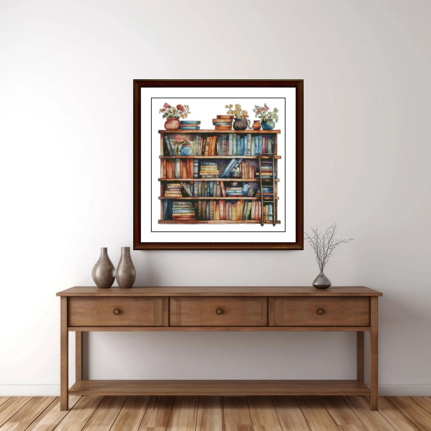Bookcase Cross Stitch Pattern,Books and flowers in pots,Counted Cross Stitch,Pattern Keeper,xstitxh,Embroidery,Pdf,Instant Download