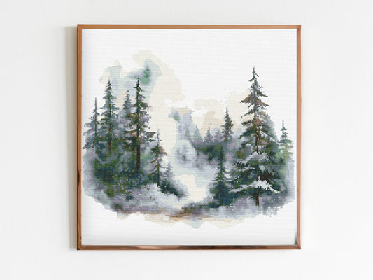 Sleepy Snowy Pine Forest Cross Stitch Sewing Embroidery Pattern Instant DMC Download X-Stitch Landscape Cottagecore Needlework