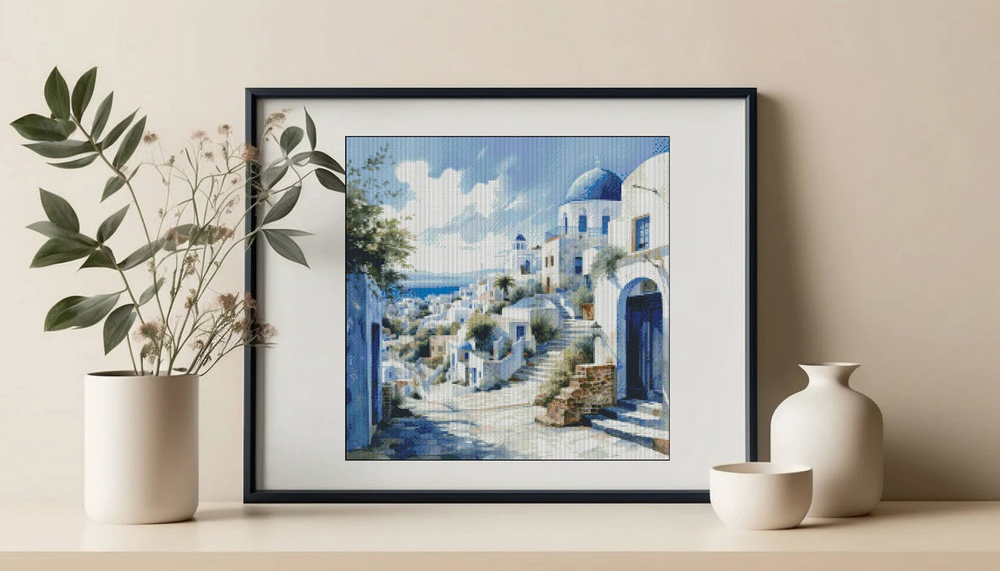 Watercolor Cross Stitch Pattern,Santorini,City,Greek House,Landscape,Pattern Keeper,Mediterrenian,Pdf,Instant Download