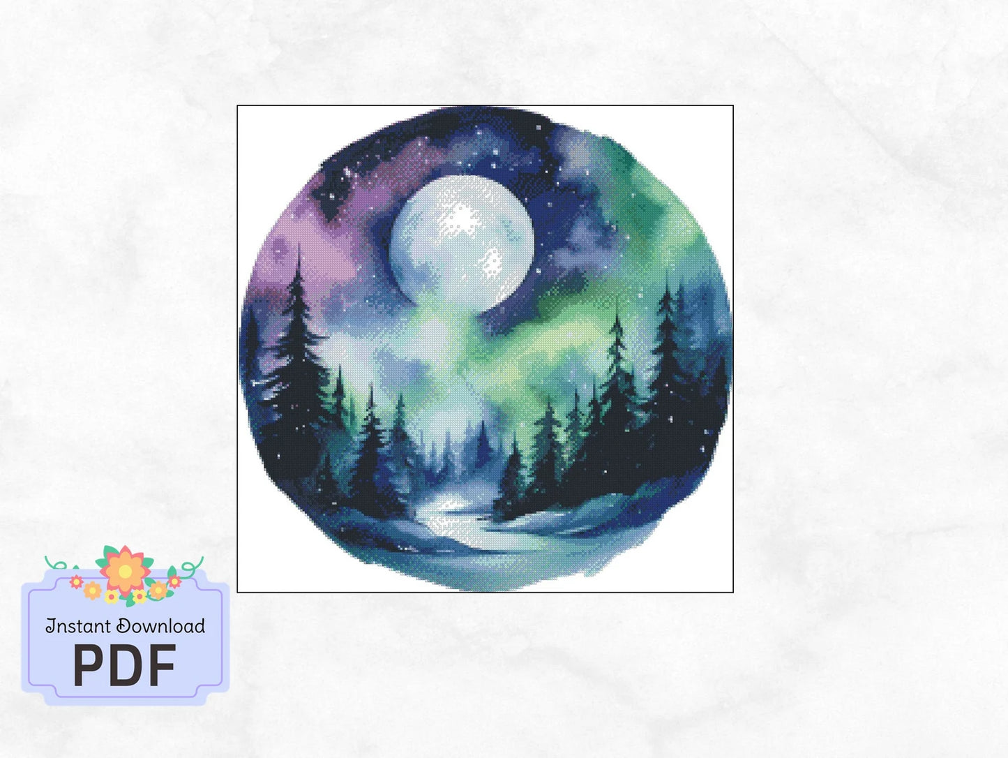 Northen Lights Cross Stitch Pattern , Watercolor, Instant Download , Digital File , Pdf, Landscape, Moon