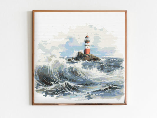 Lighthouse and a Stormy Sea Cross Stitch Sewing Embroidery Pattern Instant DMC Download X-Stitch Landscape Cottagecore Needlework Waves