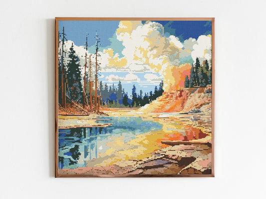Yellowstone National Park Cross Stitch Sewing Embroidery Pattern Instant DMC Download X-Stitch Landscape Cottagecore Needlework