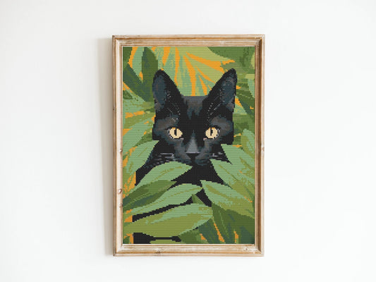 Black Cat Amongst Green Leaves Abstract Cross Stitch Sewing Embroidery Pattern Instant DMC Download X-Stitch Flowers Cottagecore