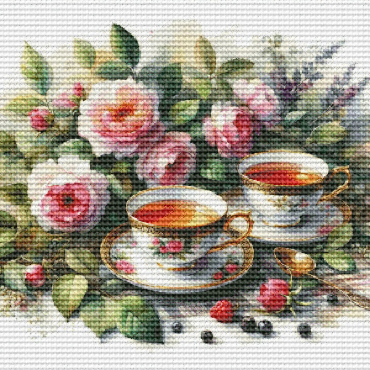 Tea Cups Cross Stitch Pattern Pattern Bouquet of roses Kitchen Still Life Modern Decor Pattern Mugs Napkins Embroidery Needlepoint chart PDF