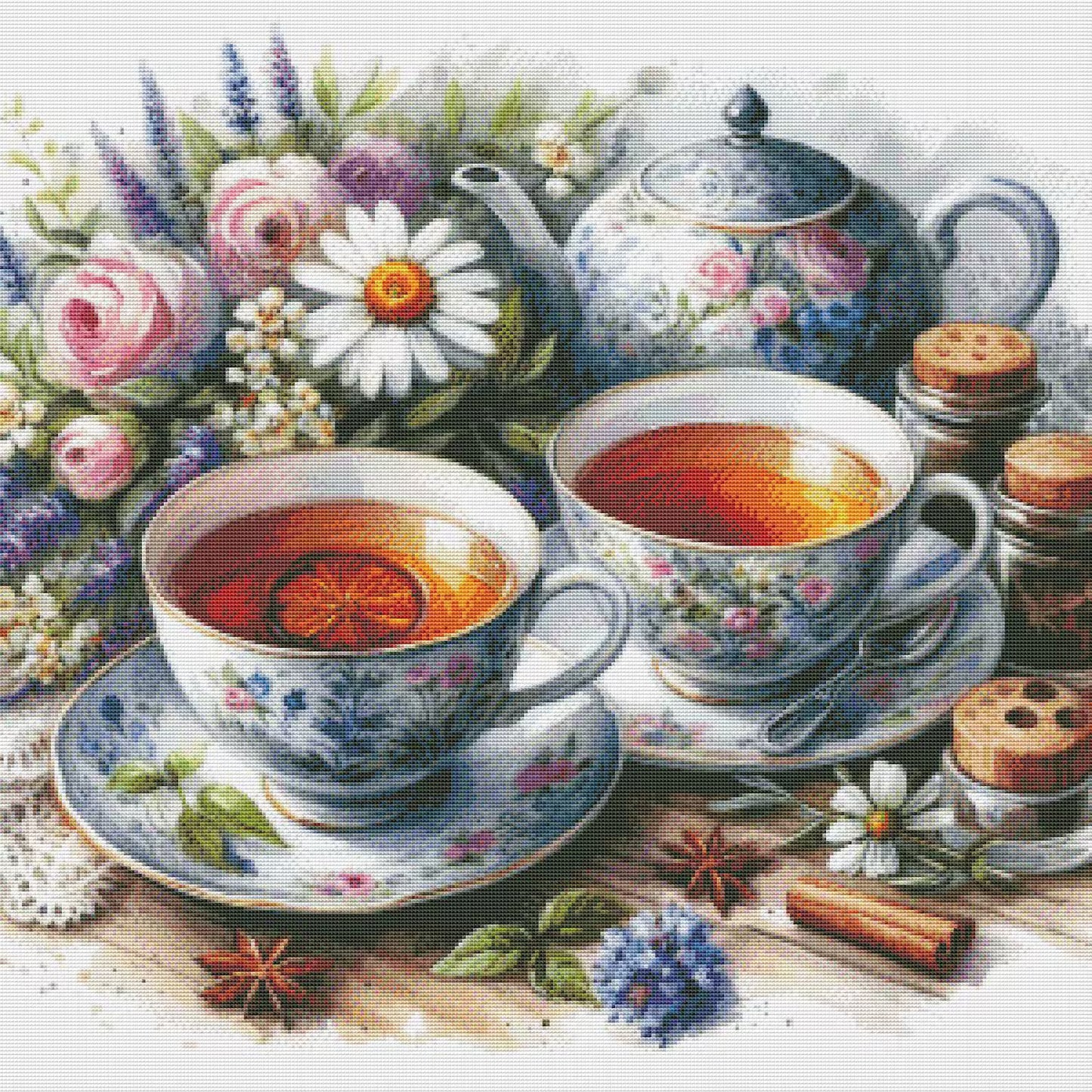 Tea Cups Cross Stitch Pattern Pattern Bouquet of roses Kitchen Still Life Modern Decor Pattern Mugs Napkins Embroidery Needlepoint chart PDF