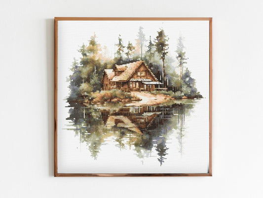 Forest Cabin Reflecting on the Water Cross Stitch Sewing Embroidery Pattern Instant DMC Download X-Stitch Landscape Cottagecore Needlework B