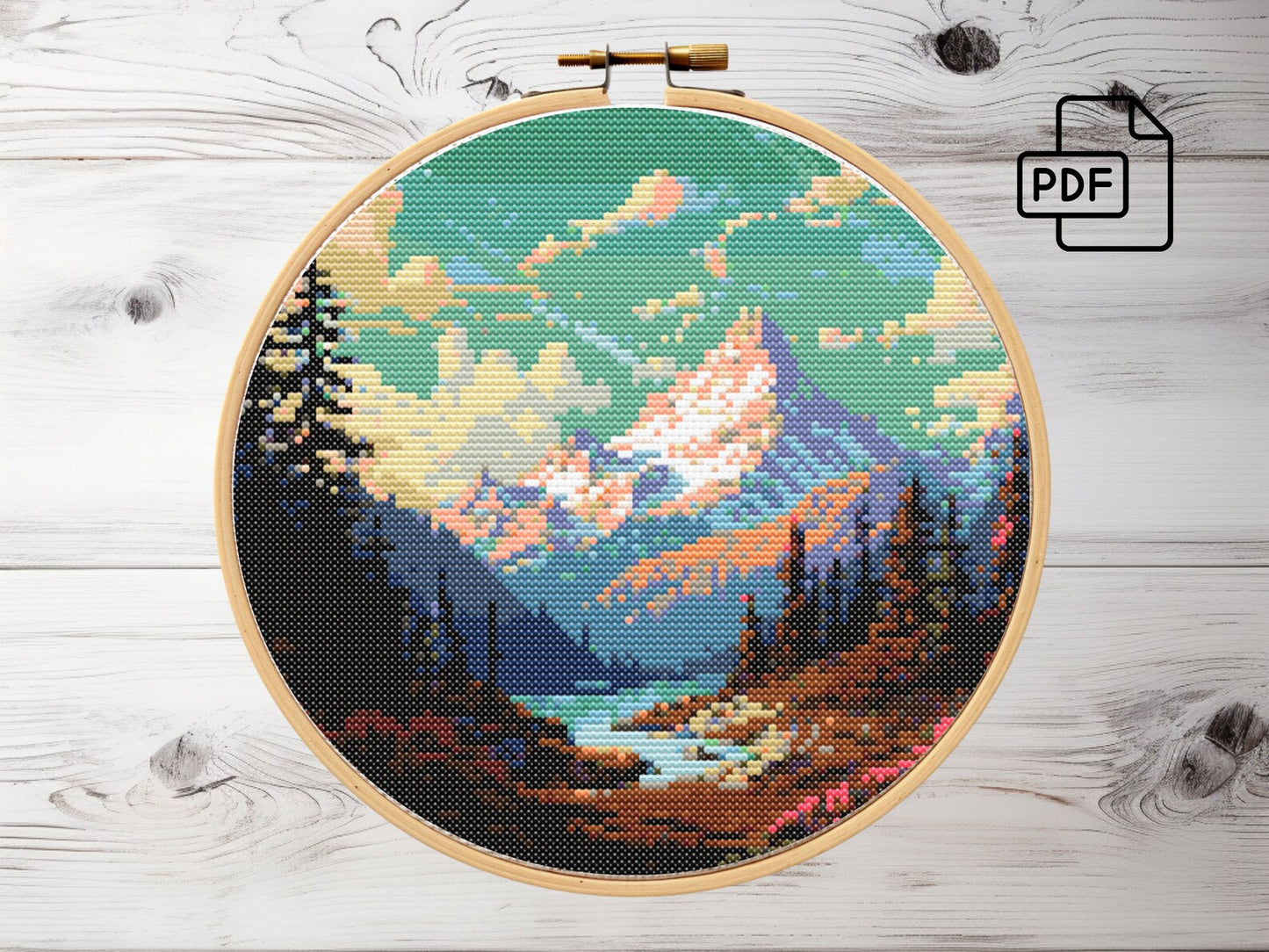 Serene Lake Cross Stitch Pattern – Sunset Mountain Landscape Embroidery – Peaceful Nature Scene – Rustic Cabin Decor – Digital PDF Download