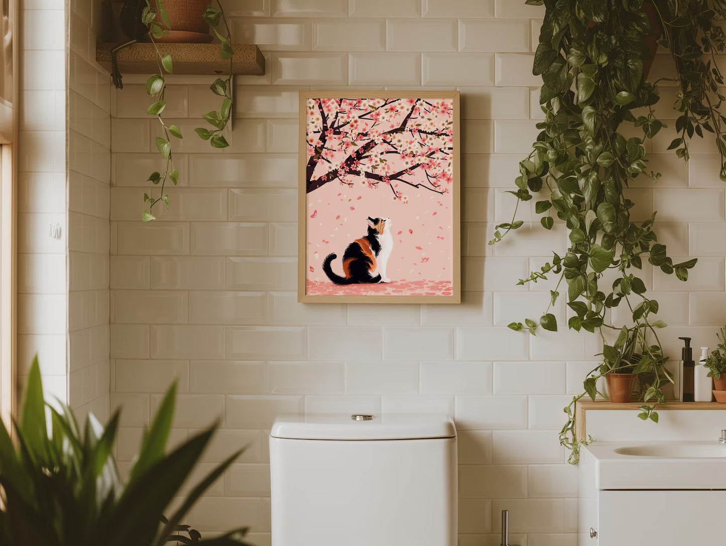 Calico Cat Under Cherry Blossoms - Digital Download, Japanese Cherry Blossom Art Print, Spring Feline Wall Decor, Cute Cat Printable