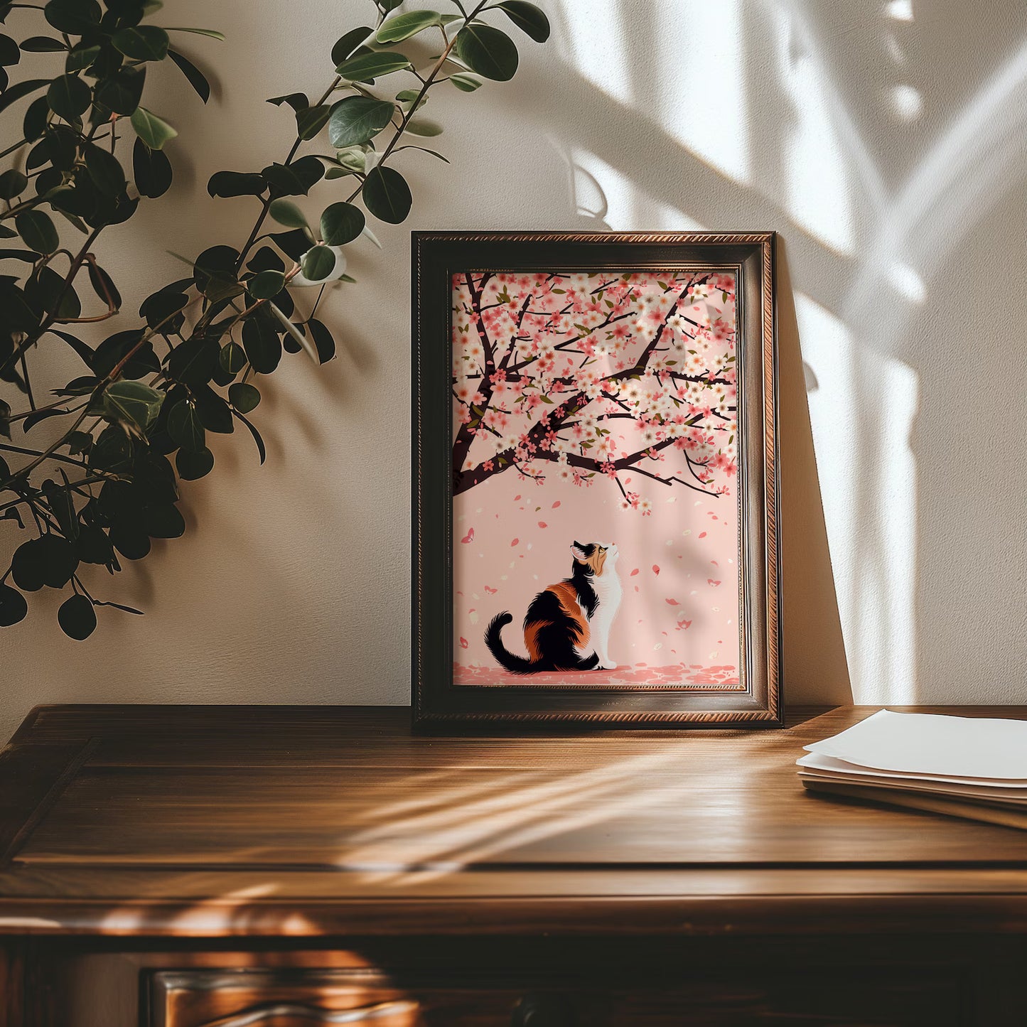 Calico Cat Under Cherry Blossoms - Digital Download, Japanese Cherry Blossom Art Print, Spring Feline Wall Decor, Cute Cat Printable