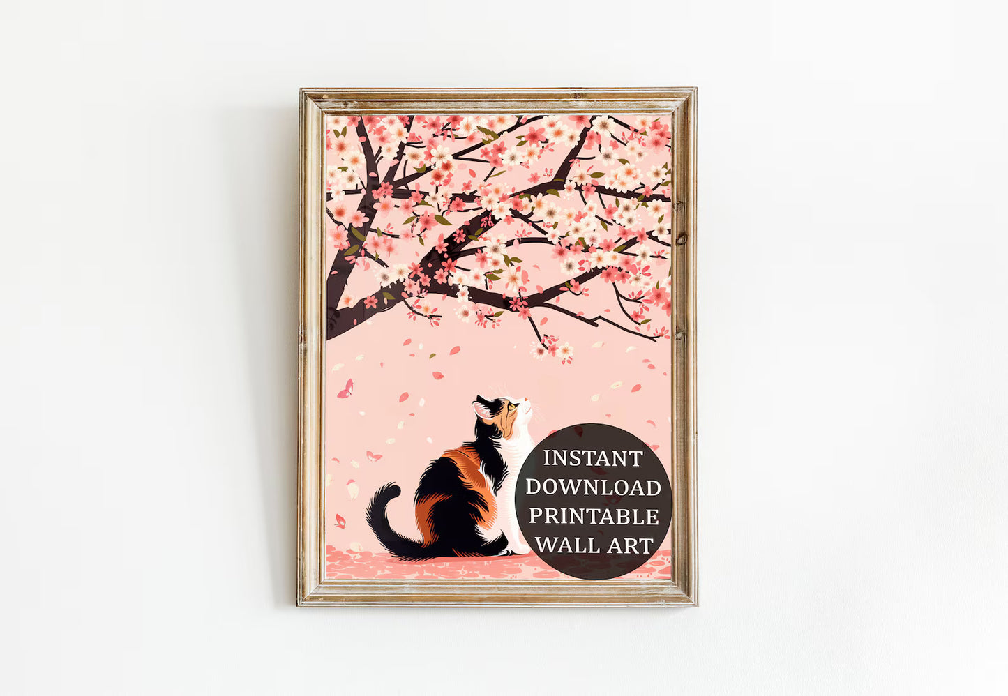 Calico Cat Under Cherry Blossoms - Digital Download, Japanese Cherry Blossom Art Print, Spring Feline Wall Decor, Cute Cat Printable