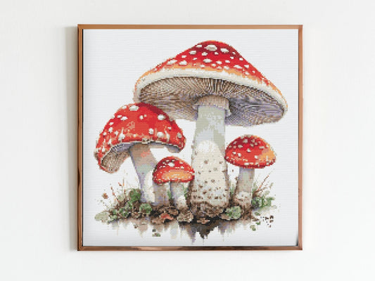 Woodland Fly Argaric Mushrooms Cross Stitch Sewing Embroidery Pattern Instant Download X-Stitch Landscape Cottagecore Needlework Mushroom