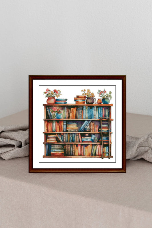 Bookcase Cross Stitch Pattern,Books and flowers in pots,Counted Cross Stitch,Pattern Keeper,xstitxh,Embroidery,Pdf,Instant Download