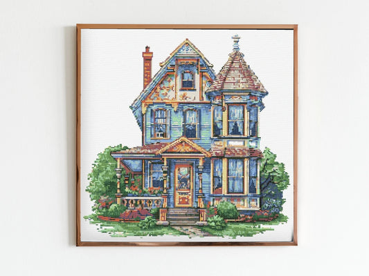 Victorian Style House Cross Stitch Sewing Embroidery Pattern Instant DMC Download X-Stitch Landscape Cottagecore Needlework Architecture