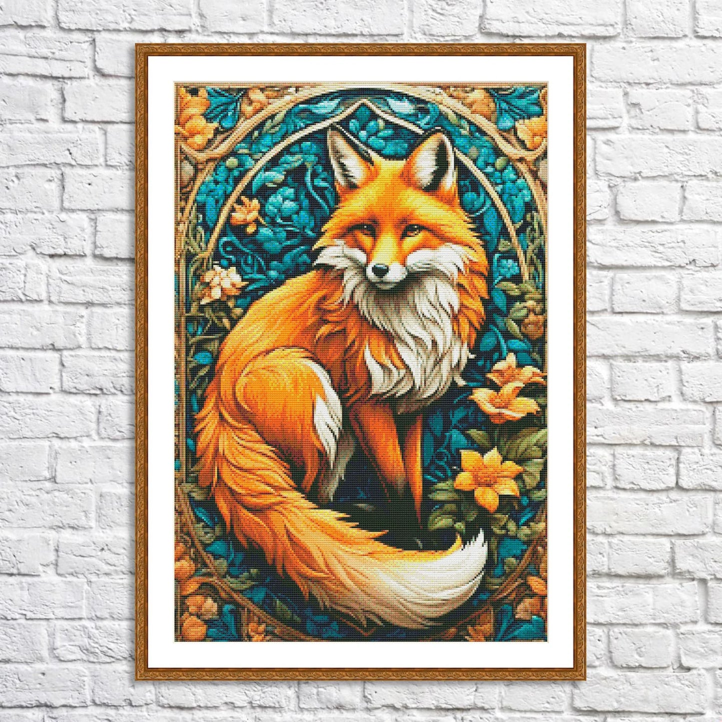 Stained glass Fox in flowers Counted cross stitch Pattern Summer Flowers Modern Hand Decor Animal Embroidery Needlepoint Chart PDF Landscape