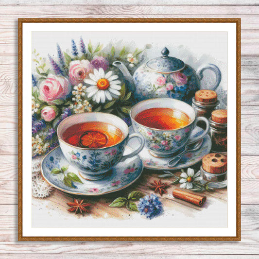 Tea Cups Cross Stitch Pattern Pattern Bouquet of roses Kitchen Still Life Modern Decor Pattern Mugs Napkins Embroidery Needlepoint chart PDF